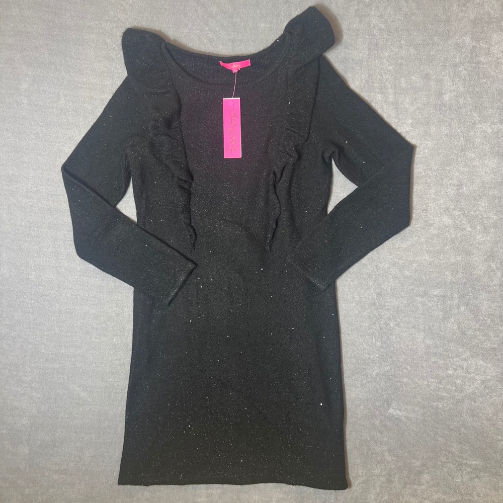 Lilly Pulitzer Ruth Sequin Sweater Dress Black Metallic Ruffle Long Sleeve L NWT